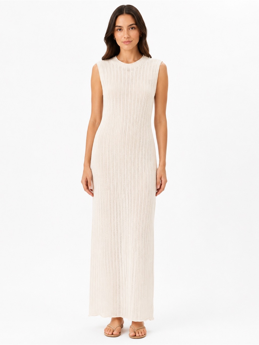 A New Day Crochet Maxi Dress XL Ivory Sleeveless Lined Back Slit EUC